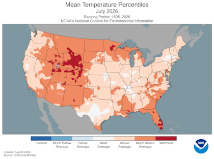 Mapa de percentiles de temperatura media en EE.UU. de julio