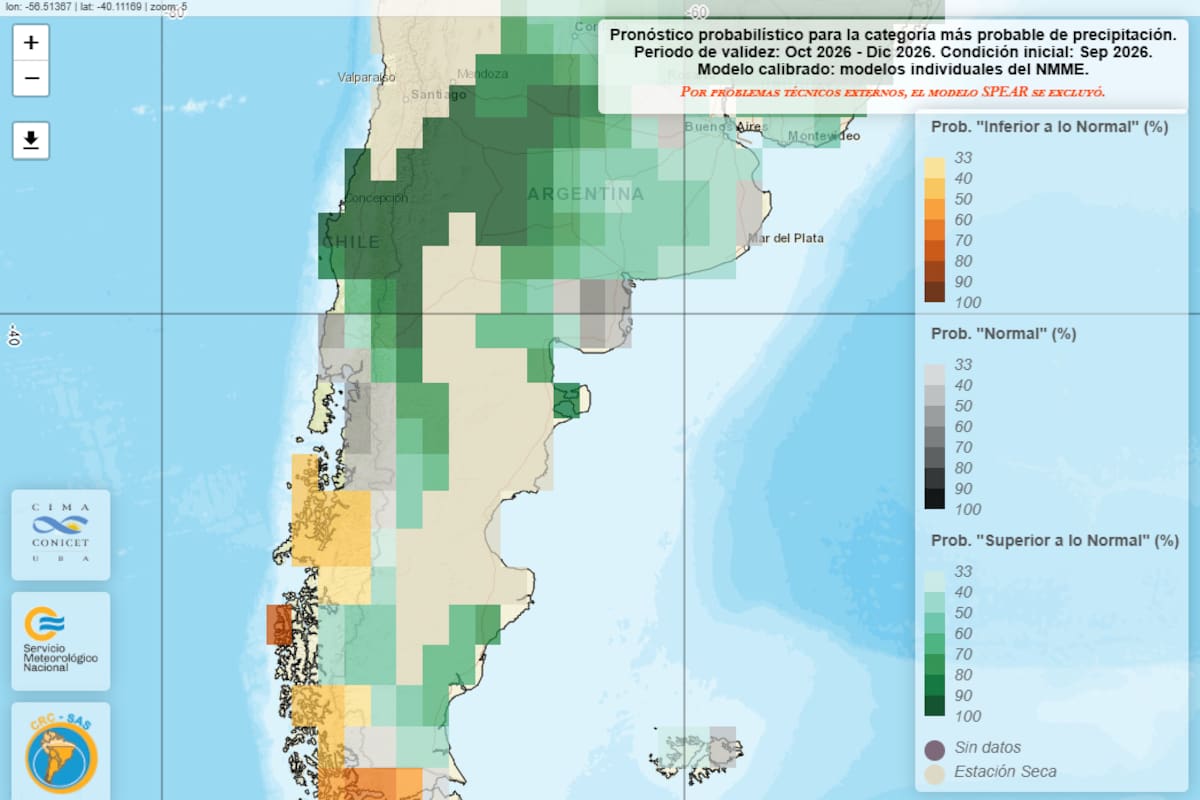 Mapa de probabilidad de lluvias para el trimestre de octubre, noviembre y diciembre