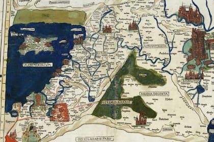 Mapa de Ptolomeo que muestra la región de la Luna Creciente Fértil (con ilustraciones adicionales dibujadas a mano en 1486).