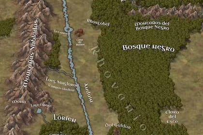 Mapa de Rhovanion, región de la Tierra Media que aparece en las novelas de Tolkien novelas El hobbit y El Señor de los Anillos, y es mencionada en El Silmarillion
