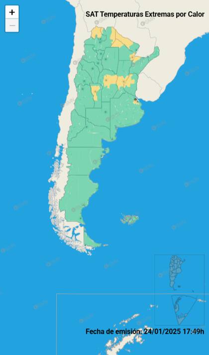 Mapa de temperaturas extremas por calor para este sábado 25 de enero