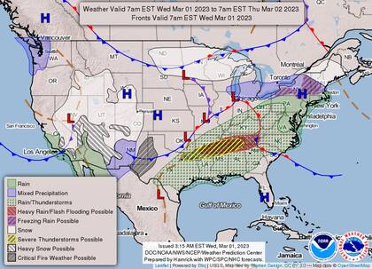 Mapa del clima del 1 de marzo en Estados Unidos