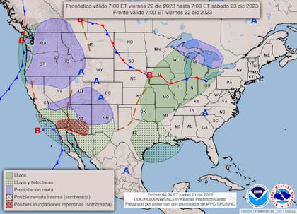 Mapa del clima en EE.UU. para el viernes 22 de diciembre