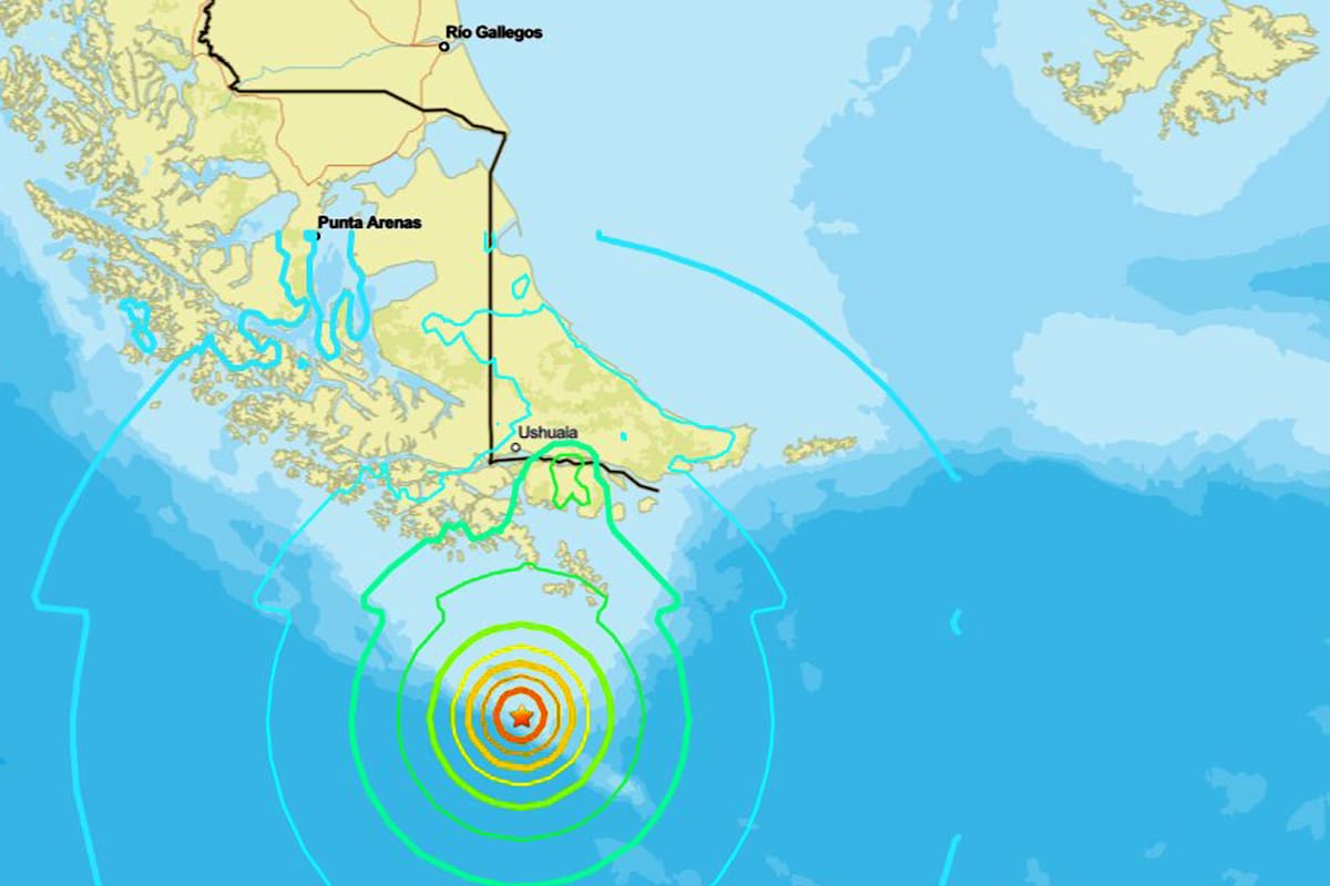 Mapa del epicentro del terremoto de 7,4 de magnitud que se registró al sur de Ushuaia este viernes 2 de mayo