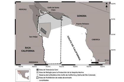 Mapa del Golfo de California que muestra el área de protección