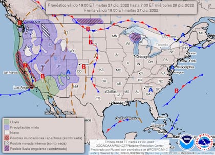Mapa del pronóstico del clima en Estados Unidos del 28 de diciembre