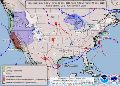 Mapa del pronóstico del clima en Estados Unidos del lunes 9 de enero