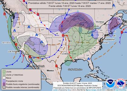 Mapa del pronóstico del clima en Estados Unidos del lunes 16 de enero