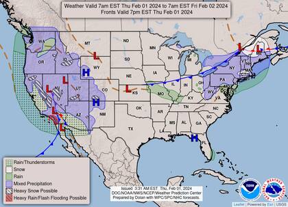 Mapa del pronóstico del clima en Estados Unidos del 1 de febrero