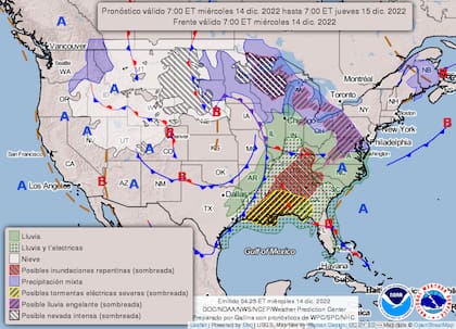 Mapa del pronóstico del clima en Estados Unidos para este miércoles 14 de diciembre.