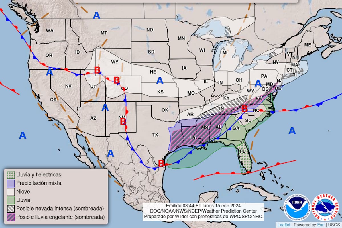 Mapa del pronóstico del clima en Estados Unidos para este lunes 15 de enero