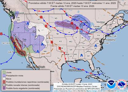Mapa del pronóstico del clima en Estados Unidos del 10 de enero