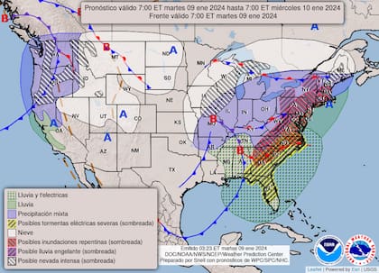 Mapa del pronóstico del clima en Estados Unidos durante el 9 de enero