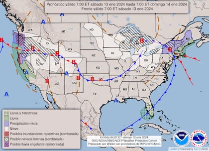 Mapa del pronóstico del clima para el fin de semana del 13 y 14 de enero en EE.UU.