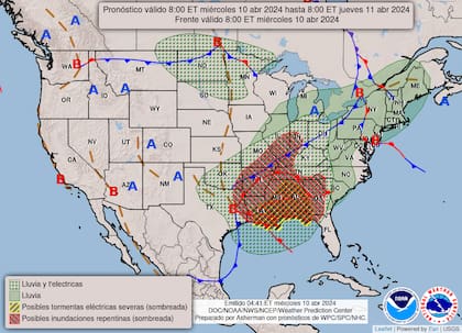 Mapa del pronóstico del clima para el miércoles 10 de abril en Estados Unidos