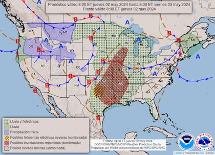 Mapa del pronóstico del clima para este jueves 2 de mayo en Estados Unidos