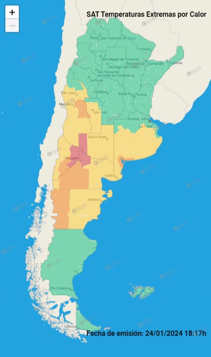 Mapa del Servicio Meteorológico Nacional con las alertas por las altas temperaturas