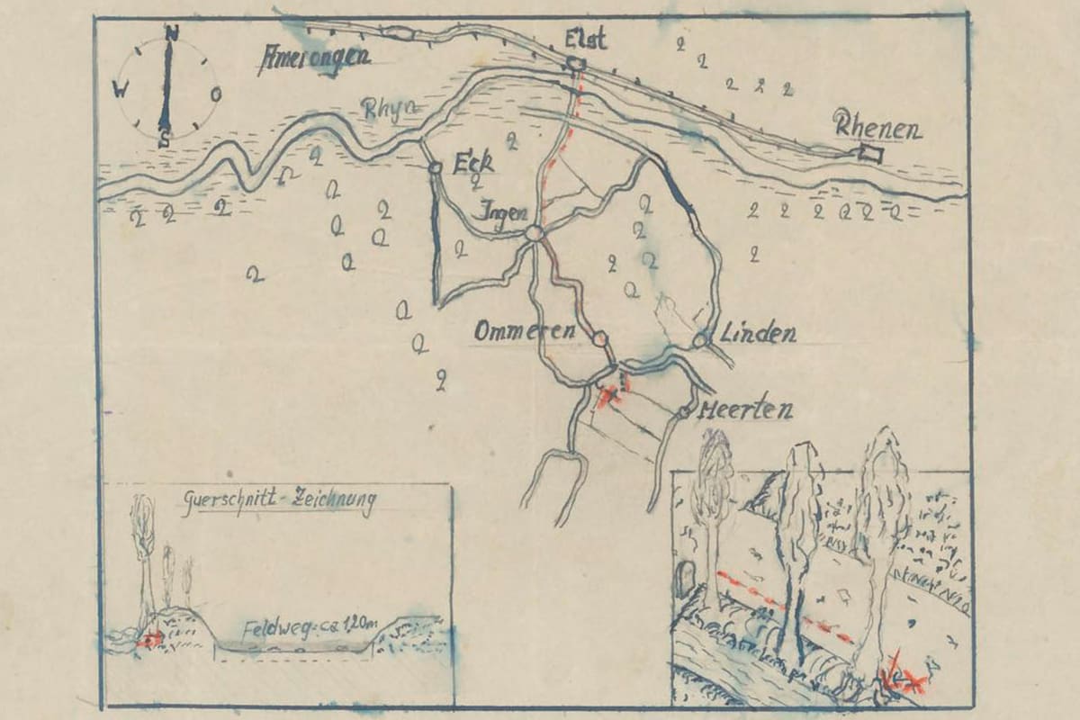 Mapa dibujado a mano de Ommeren (Países Bajos) del lugar donde se presume que fue escondido un botín nunca encontrado durante la Segunda Guerra Mundial