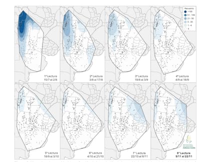 Mapa en función de la evolución de la cantidad de adultos de la chicharrita del maíz (Dalbulus maidis) capturados con trampas cromáticas adhesivas en las localidades relevadas