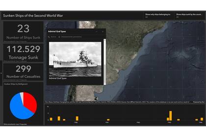 Mapa interactivo de naufragios en la web; en la foto, el Graf Spee