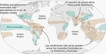 Mapa que indica las consecuencias que se pueden registrar en las diferentes partes del planeta