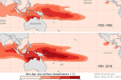 Mapa que muestra la expansión de la Piscina cálida del Pacífico a través de los años