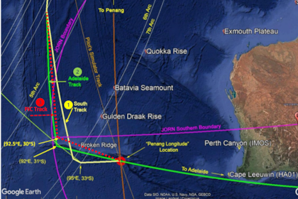 Mapa que muestra la ubicación del sitio propuesto por el científico australiano para encontrar el MH370, marcada con el punto rojo