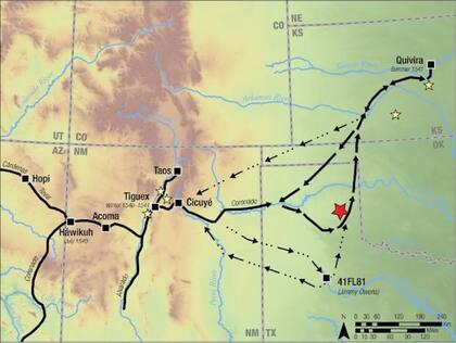 Mapa que muestra los caminos reconstruidos de la entrada de Coronado en el norte de Nuevo México y del sur de las Grandes Llanuras