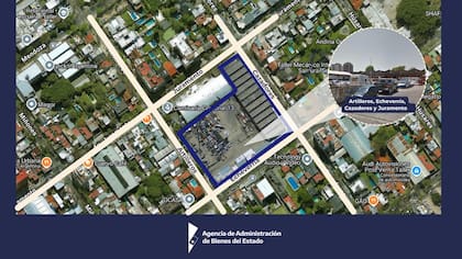 Mapa satelital de la AABE con el contorno de la manzana que será subastada, delimitada entre Artilleros, Echeverría, Cazadores y Juramento