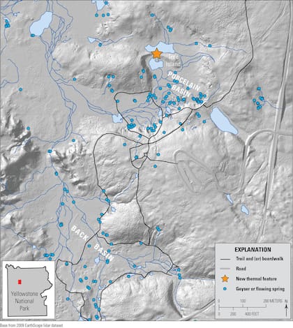 Mapa satelital de la Cuenca del Géiser Norris, que señala dónde se formó el nuevo manantial termal. Foto: Web / Yellowstone Volcano Observatory