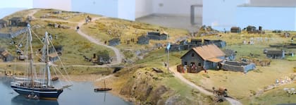 Maqueta de la colonia argentina Puerto Soledad en 1831 que está en el Museo Malvinas e Islas del Atlántico Sur