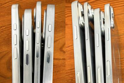 Maquetas de la generación iPhone 17 de Apple; de los cuatro, se destaca por su perfil delgado el iPhone 17 Air