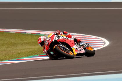 Marc Marquez of Spain drives his motorcycle during a Moto GP qualifying run at the circuit in Termas de Rio Hondo, Argentina, Saturday, March 30, 2019. (AP Photo/Nicolas Aguilera)