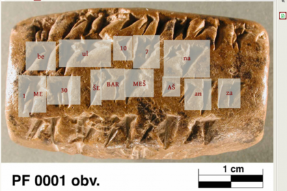 Marcas cuneiformes en una tabla de arcilla y el reconocimiento de los trazos por el software DeepScribe