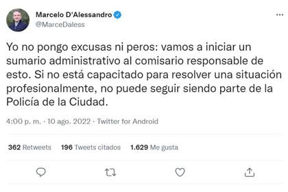 Marcelo D'Alessandro, ministro de Justicia y Seguridad de la Ciudad, informó que se iniciará sumario administrativo al policía responsable de la detención del automovilista en la 9 de Julio