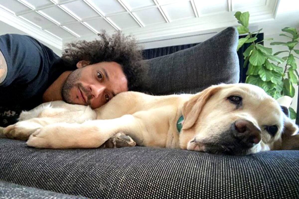 Marcelo, el futbolista del Real Madrid, con su perra Nalla, una de sus mascotas.