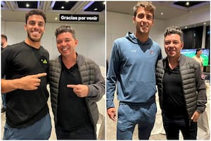 Marcelo Gallardo -y también el voleibolista Luciano De Cecco- participaron de la cena del plantel argentino de Copa Davis; aquí, el DT junto con Francisco Cerúndolo y Tomás Etcheverry