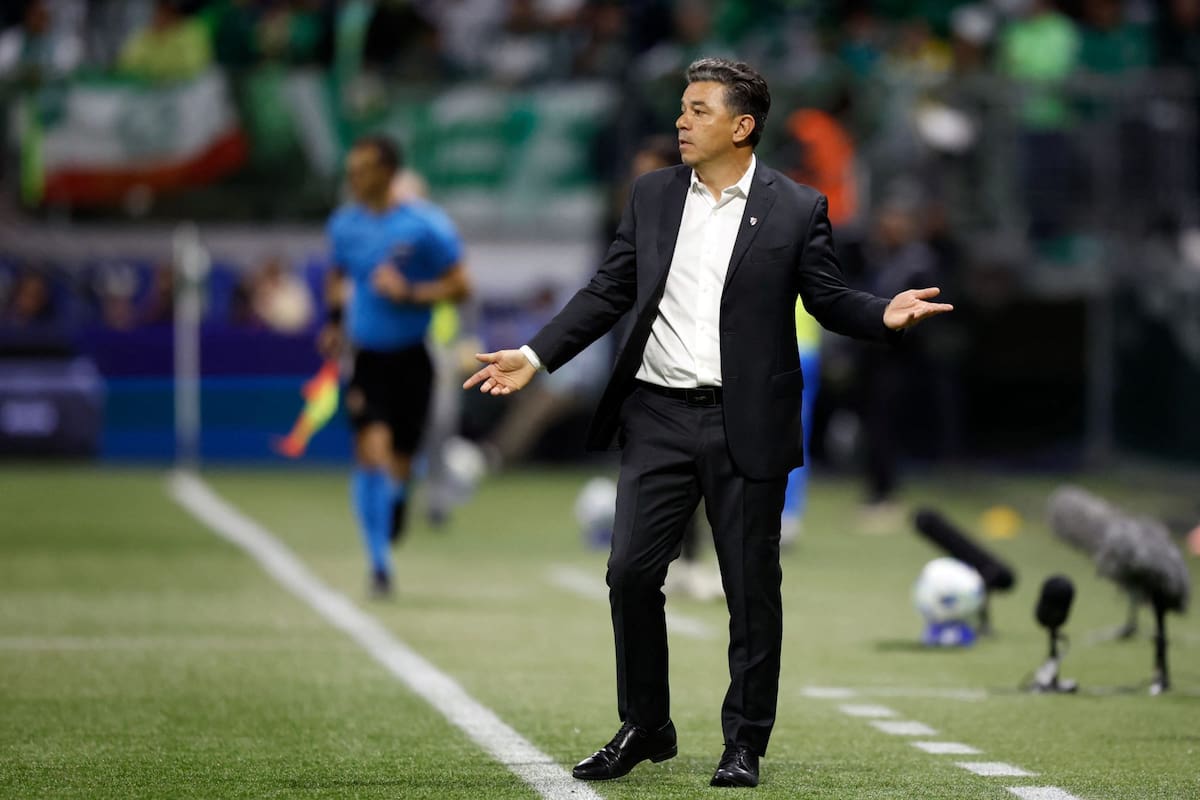 Marcelo Gallardo y una imagen de frustración durante el partido de River ante Palmeiras en Brasil, por el desquite por los cuartos de final de la Copa Libertadores