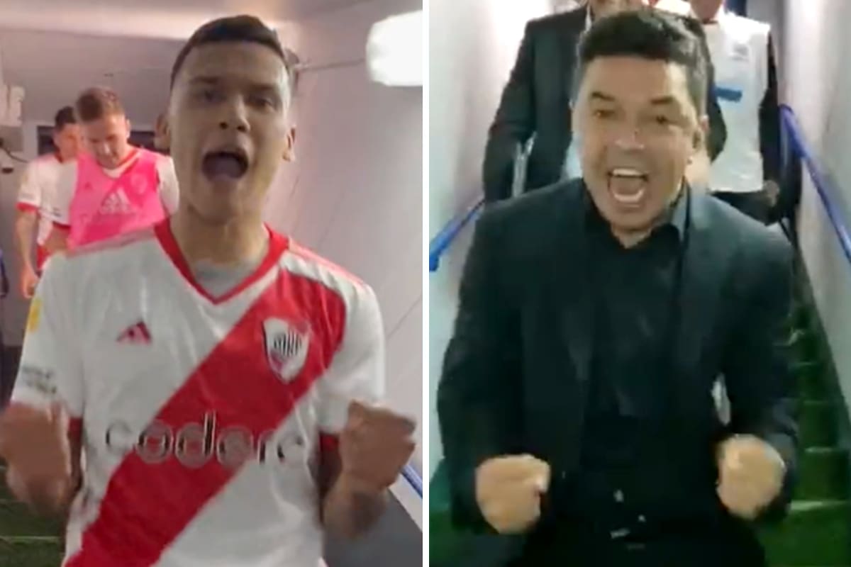 Marcelo Herrera y Marcelo Gallardo celebran una victoria de River Plate sobre Boca Juniors