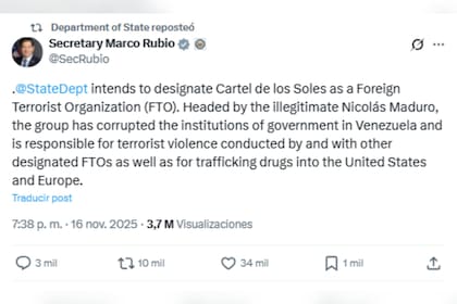 Marco Rubio anticipó la designación del Cartel de los Soles como organización terrorista por el gobierno estadounidense, el 16 de noviembre de 2025