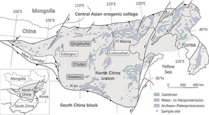 Marco tectónico del norte de China que muestra la distribución del basamento Arcaico a Paleoproterozoico