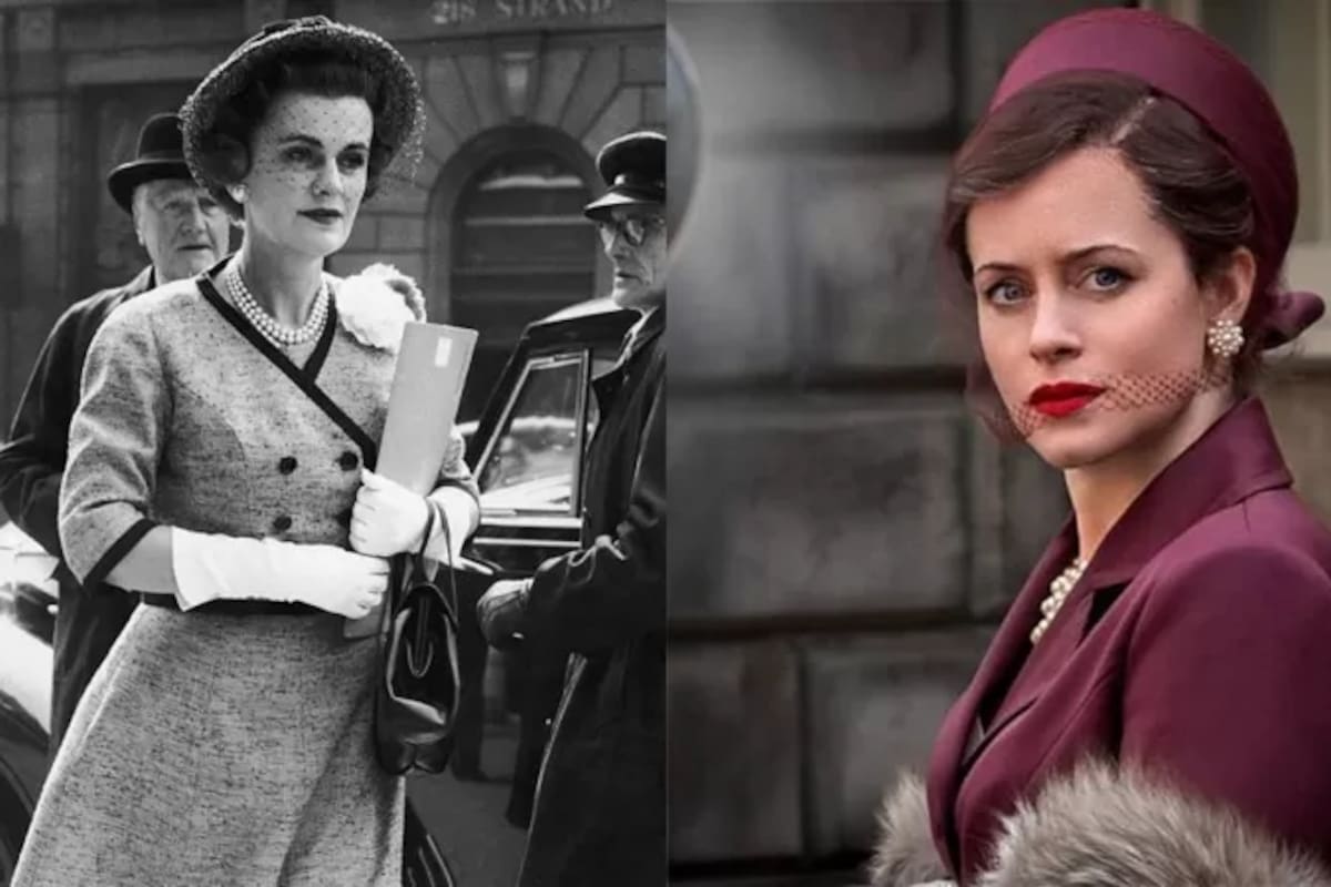 Margaret Campbell, duquesa de Argyll en la entrada de los tribunales (izq.); y Claire Foy como la duquesa de Argyll en "Un escándalo muy británico" (der).