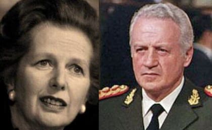 Margaret Thatcher y Leopoldo Galtieri. Fuente: Plumas Hispanoamericana.