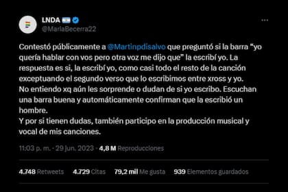 María Becerra estalló en Twitter contra Coscu (Captura Twitter)