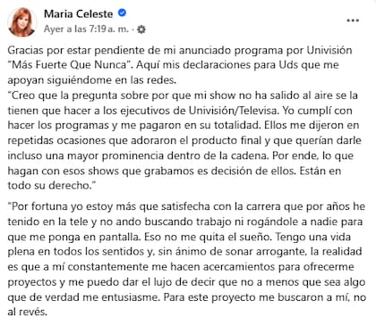 María Celeste comparte un comunicado tras especulaciones sobre su nuevo programa en Univisión (Facebook/ Maria Celeste)