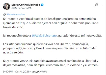 María Corina Machado celebró la "jornada democrática ejemplar" en Brasil
