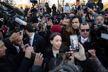 María Corina Machado en rueda de prensa durante su visita a Washington