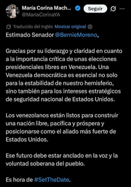 María Corina Machado respaldó el planteo de Bernie Moreno y pidió avanzar con la definición de una fecha para las elecciones presidenciales