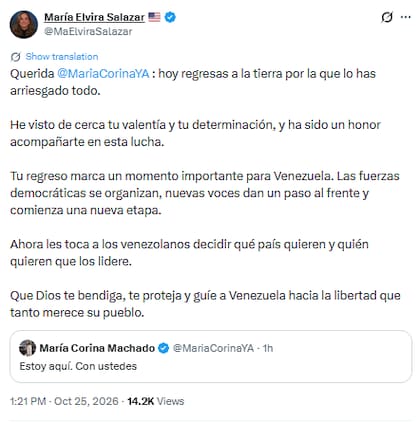 María Elvira Salazar celebró la llegada de María Corina Machado a Venezuela