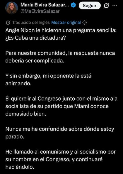 María Elvira Salazar cuestionó a Angie Nixon por su postura sobre Cuba y afirmó que seguirá denunciando el comunismo y el socialismo en el Congreso